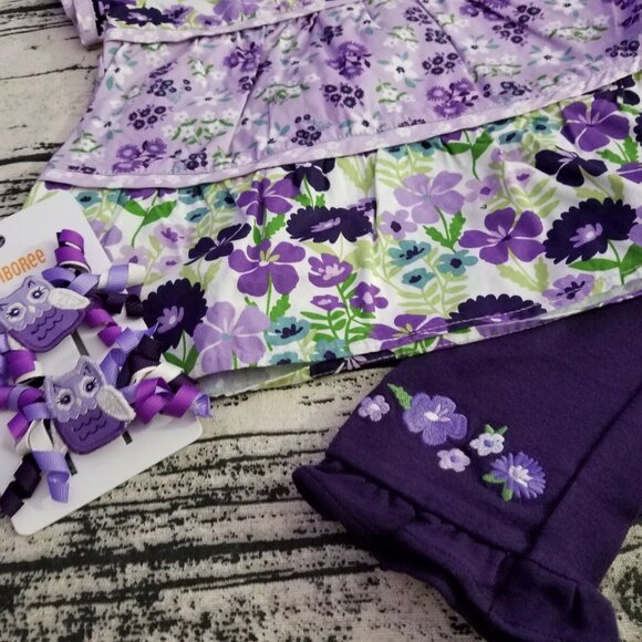 Gymboree Whooo's Cute 4T Purple Leggings Shirt Hair Curly Clips Outfit NWT - Picture 3 of 4
